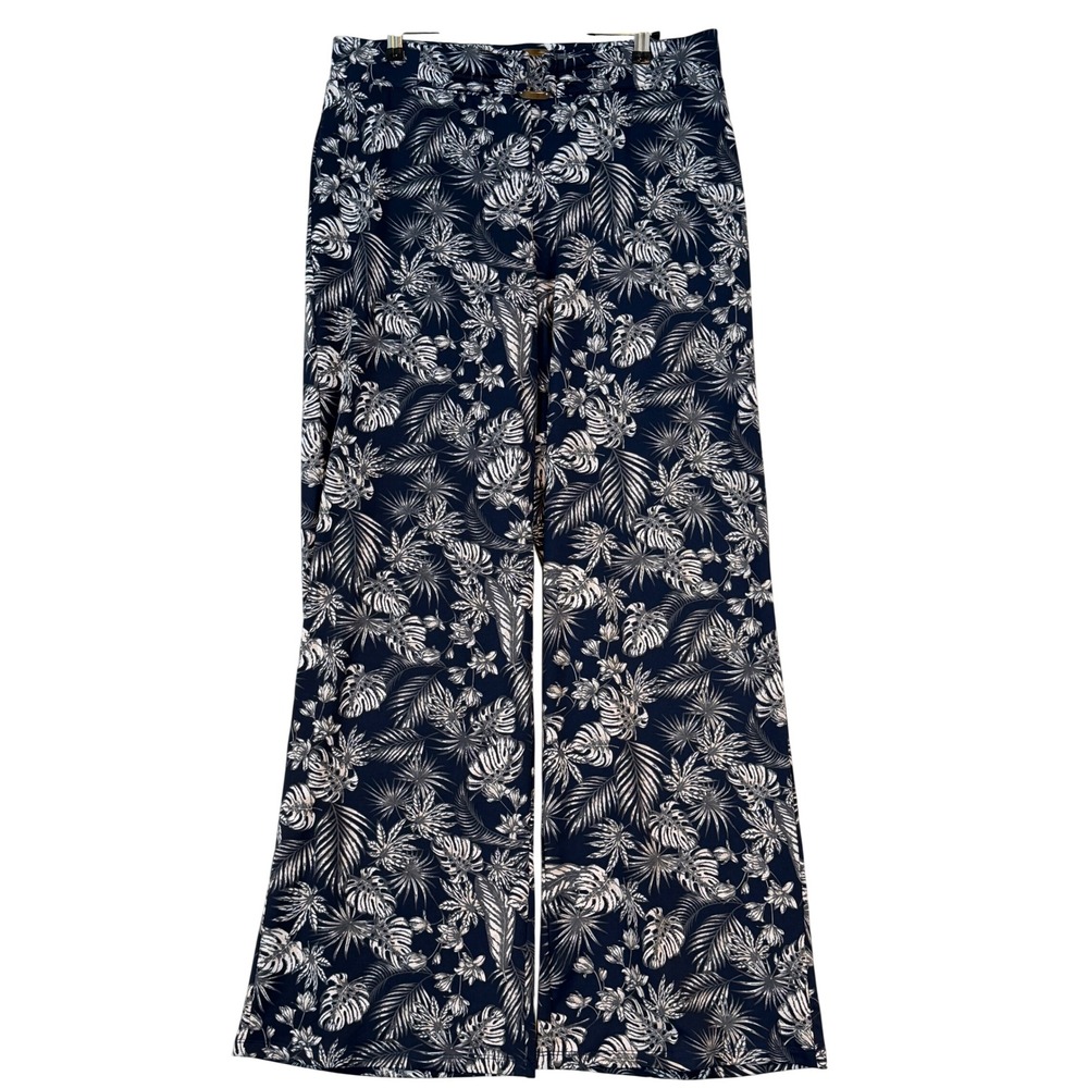 89th + Madison Womens Navy Blue Tropical Palm Print Wide Leg Pants •L• Vacation